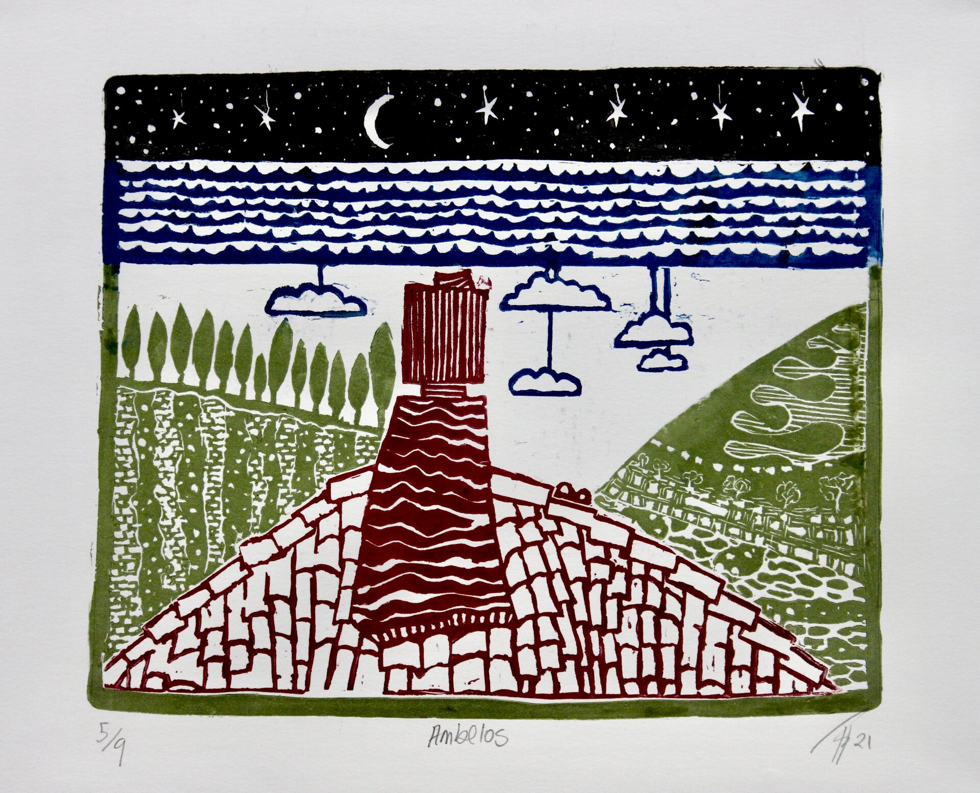 Ambelos Village Samos - linocut print